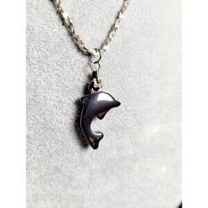 Vintage Sterling Silver Chain with Hematite Dolphin Pendant Necklace